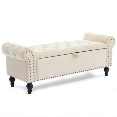 Howjoe 51" Bedroom Storage Bench, End of Bed Bench with Storage, Chenille Upholstered Benches, Ottoman with Storage, Window Benches with Rolled Arm and Nailhead Trim for Living Room, Entryway, Beige
