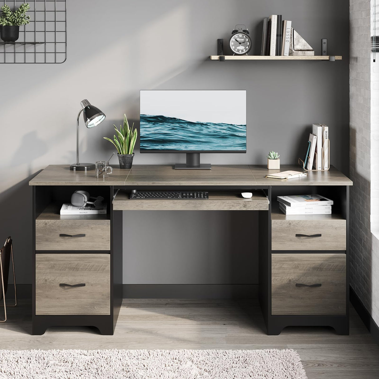Bestier 59” Computer Desk with 4 Drawers, Office Desk with Storage, Industrial Executive Desk with File Drawer, Keyboard Tray & 2 Pedestals on Both Sides for Home Office & Studio, Grey Bestier