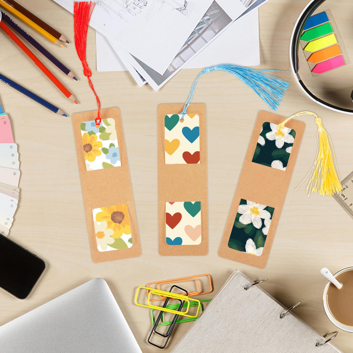 120 Pieces Acrylic Bookmark Blanks, 40 Pcs Kraft Bookmark Sleeves Holder 40 Pcs Clear Acrylic Bookmarks 40 Pcs Colorful Tassels Bulk fuceury