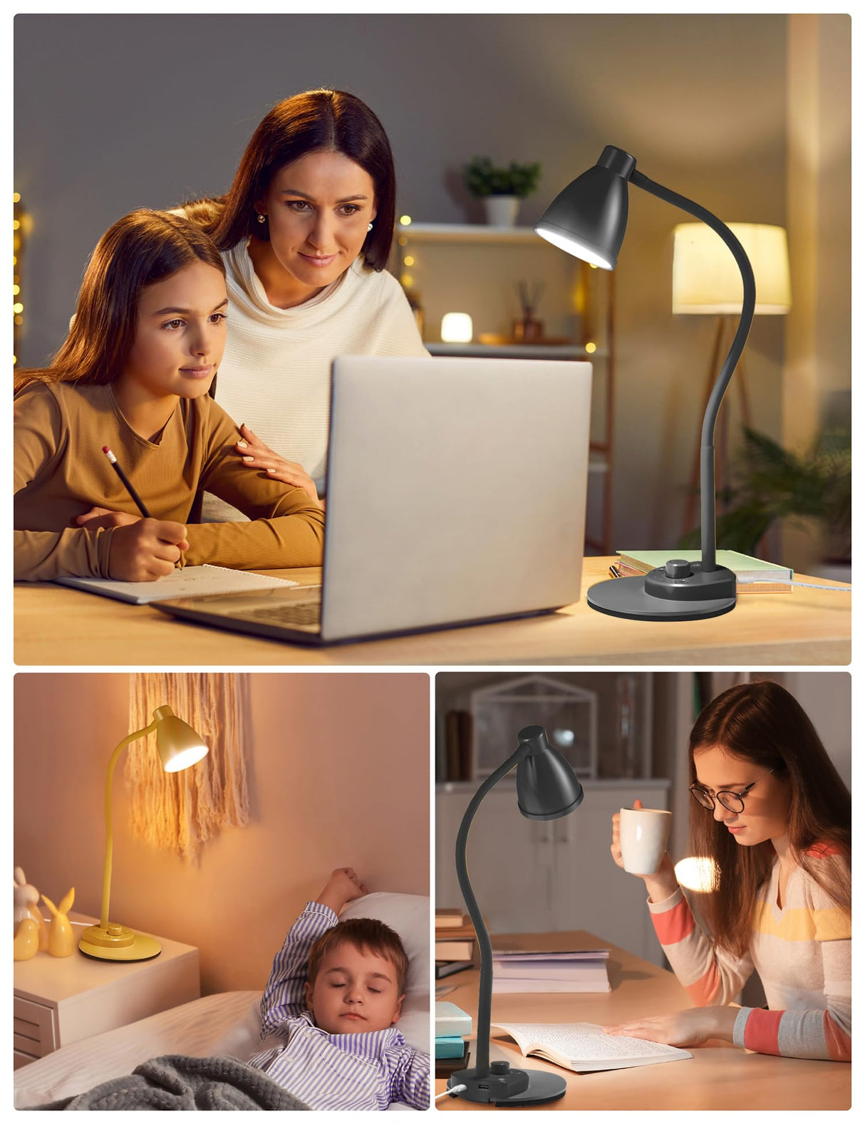 BOHON LED Desk Lamp with USB Charging Port 3 Color Modes Dimmable Reading Light Intelligent Induction Auto Dimming Task Lamp Flexible Gooseneck Table Lamp for Bedside Office, AC Adapter Include BOHON