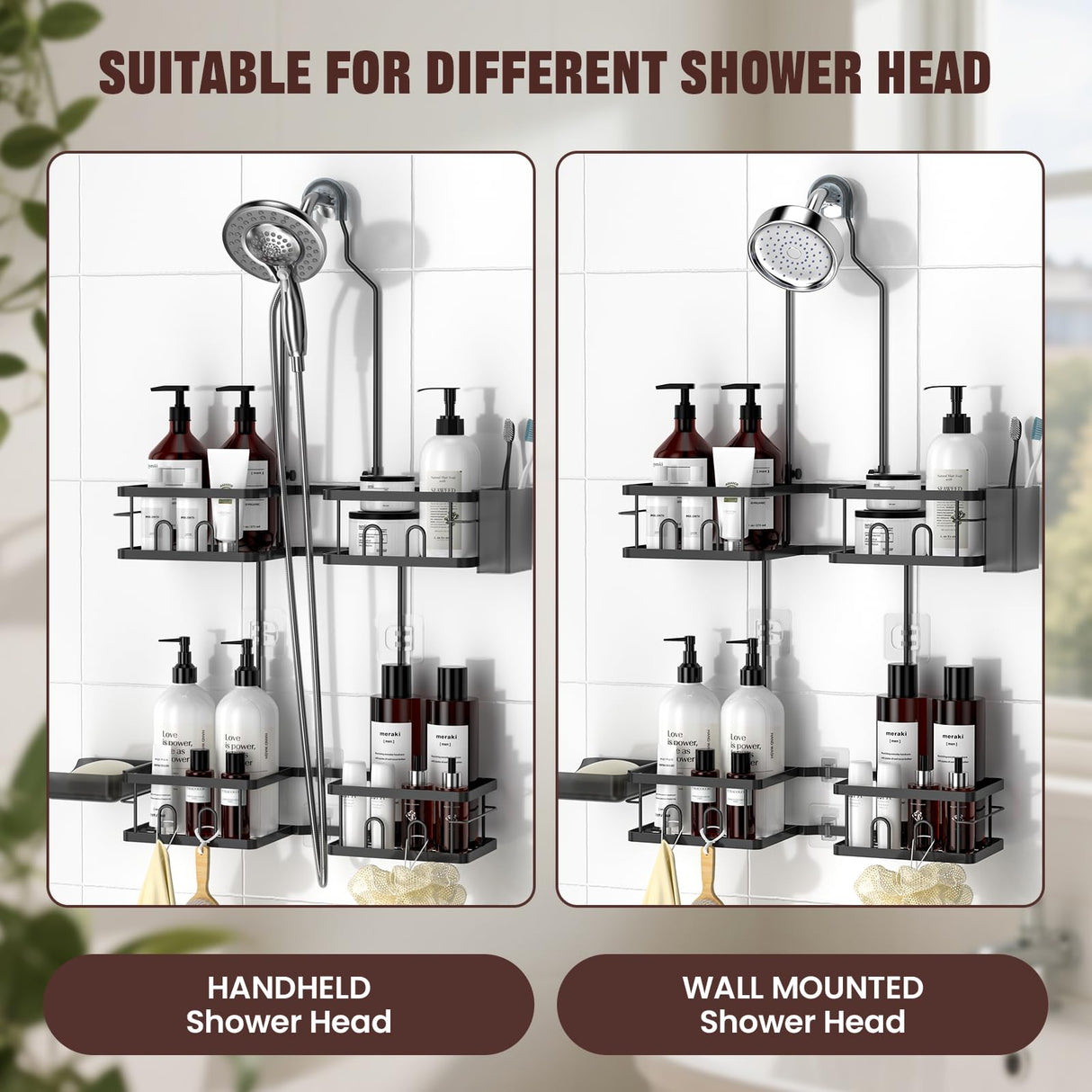 REINHARDT Adjustable Shower Caddy Hanging Rustproof Shower Caddy for Handheld Showerheads, Shower Organizer with Hooks Soap Holder Toothbrush Holder, Anti-Swing Shower Rack Bathroom Accessories, Black REINHARDT