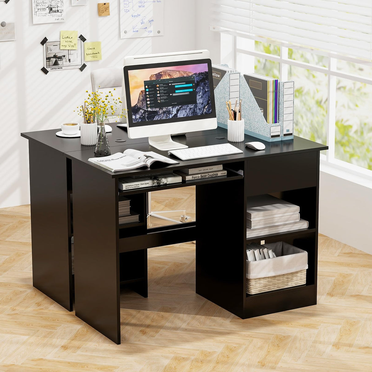Tangkula Black Desk with Drawer, Wooden Computer Desk with Pull-Out Keyboard Tray & Adjustable Storage Shelves, Modern Laptop PC Desk with CPU Stand, Writing Study Desk for Bedroom (Black) Tangkula