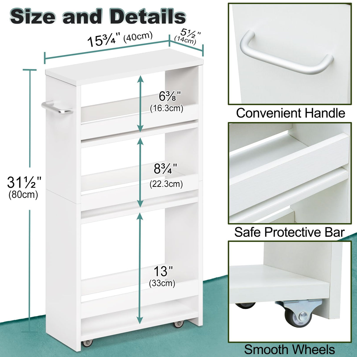 MARTY White Slim Storage Cart with Wheels, 4 Tier Rolling Utility Cart with Handle Slide Out Shelving Unit Organizer Trolley for Laundry Kitchen Bathroom Narrow Places Small Corner MARTY