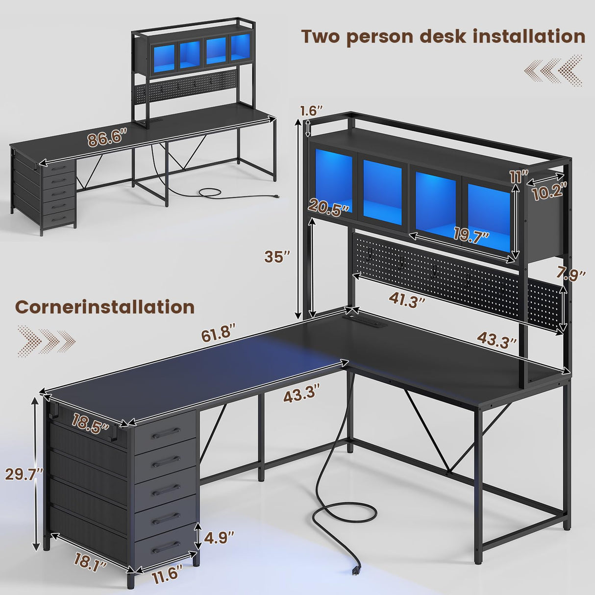 SEDETA L Shaped Gaming Desk with Drawers, L Shaped Computer Desk with Hutch and Storage Shelves, Gaming Desk with Pegboard, Led Lights, and Power Outlet, Home Office Desk, Corner Desk, Black SEDETA
