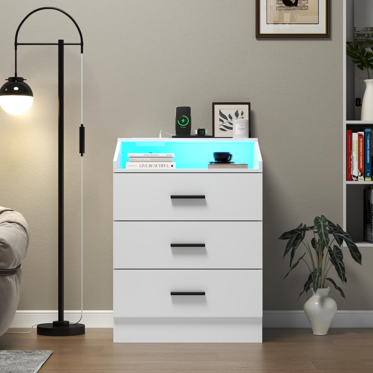 Gyfimoie 3 Drawer Dresser for Bedroom with Power Outlet, White Dresser with LED Light, Modern Dressers with Open Storage Cubby, Chest of Drawers Storage Organizer for Hallway, Living Room (White)โฆ Gyfimoie