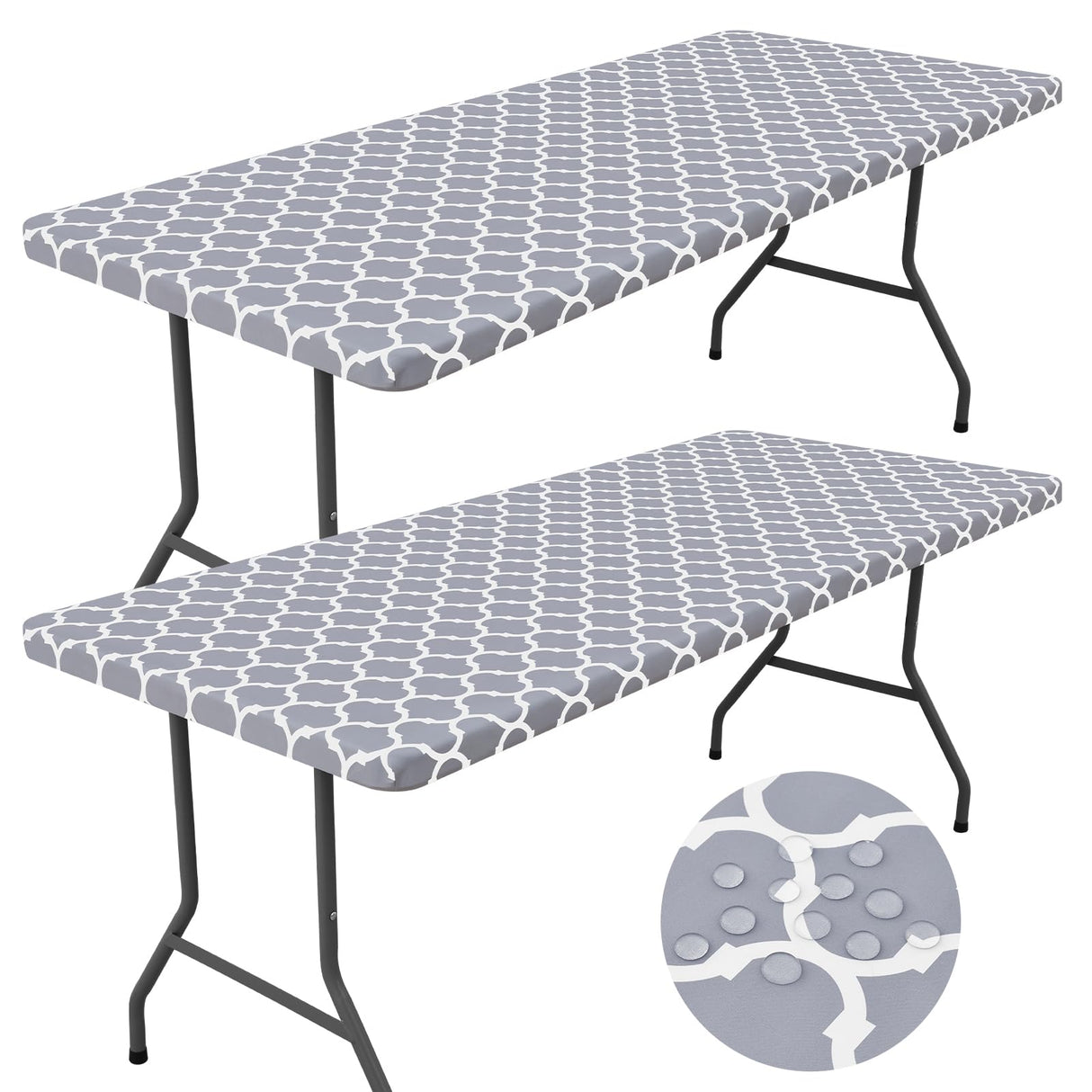 Smiry Rectangle Picnic Table Cloth 2 Pack, 6FT Waterproof Elastic Fitted Tablecloths, Washable Polyester Table Cover for Camping, Indoor and Outdoor (Grey Morocco, 30"x72") Smiry