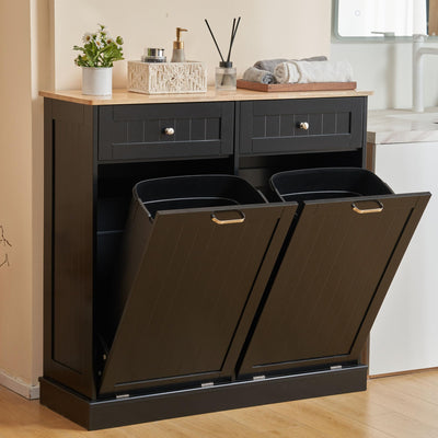 AHB Double Tilt Out Trash Cabinet Kitchen Trash Bin Cabinet 2x13 Gallons Free Standing Recycling Trash Can Cabinet with Hideaway Drawers Pet Proof Trash Can Holder for Kitchen Living Room, Black