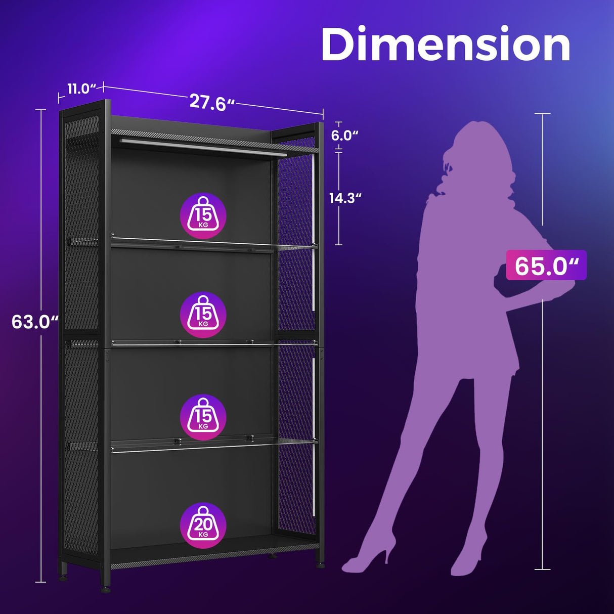 AODK Display Case with LED Lights, Display Cabinet with Glass Storage Shelves, 4-Tier Display Shelf for Collectibles, Curio Cabinet, Black AODK