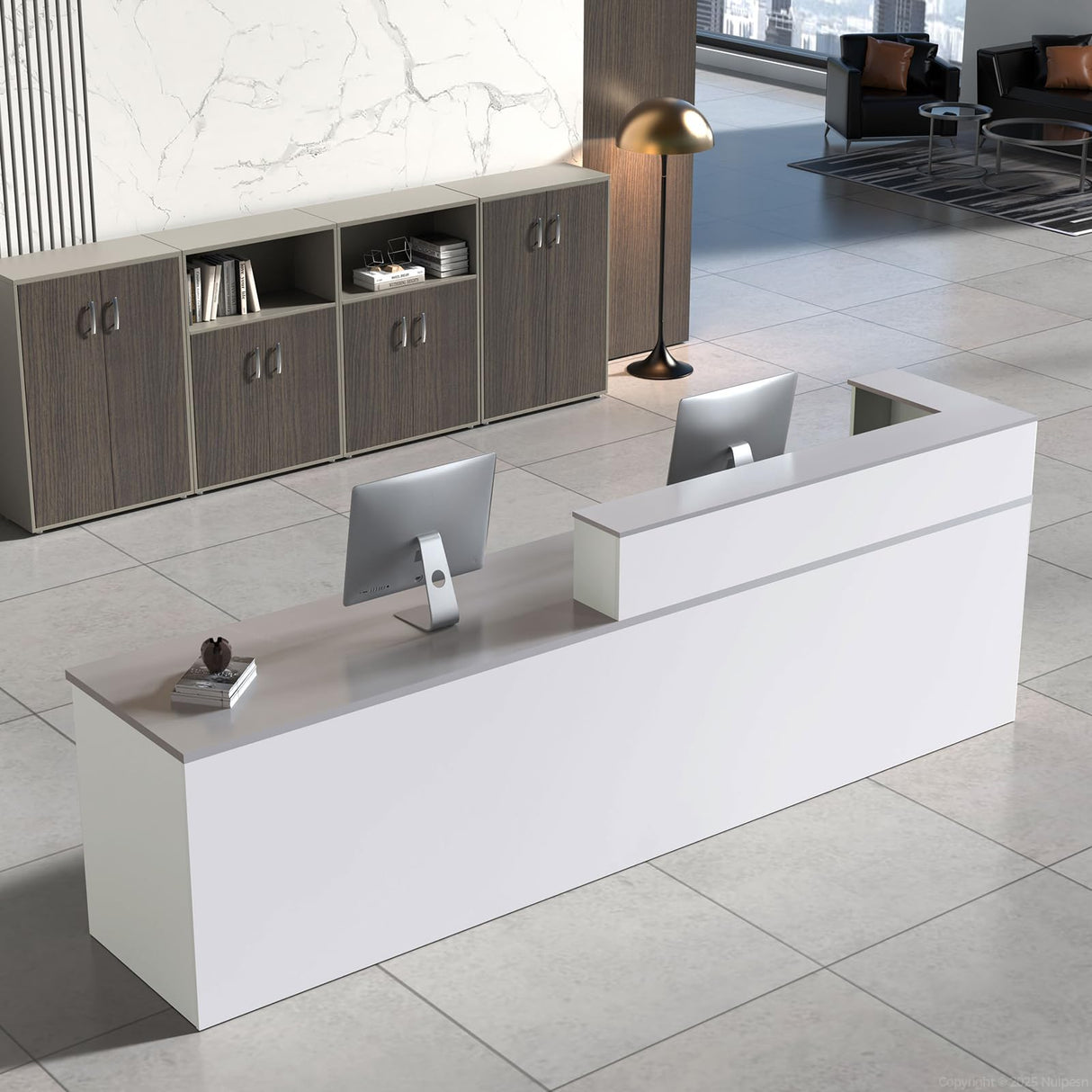 Nuipesn L Shape Reception Desk with Counter, Modern Front Desk Reception Counter with Keyboard Tray, Lockable Drawer and Storage Shelves for Office, Retail, Salon(White+Gray/Left, 63" L*24" W*39" H) Nuipesn