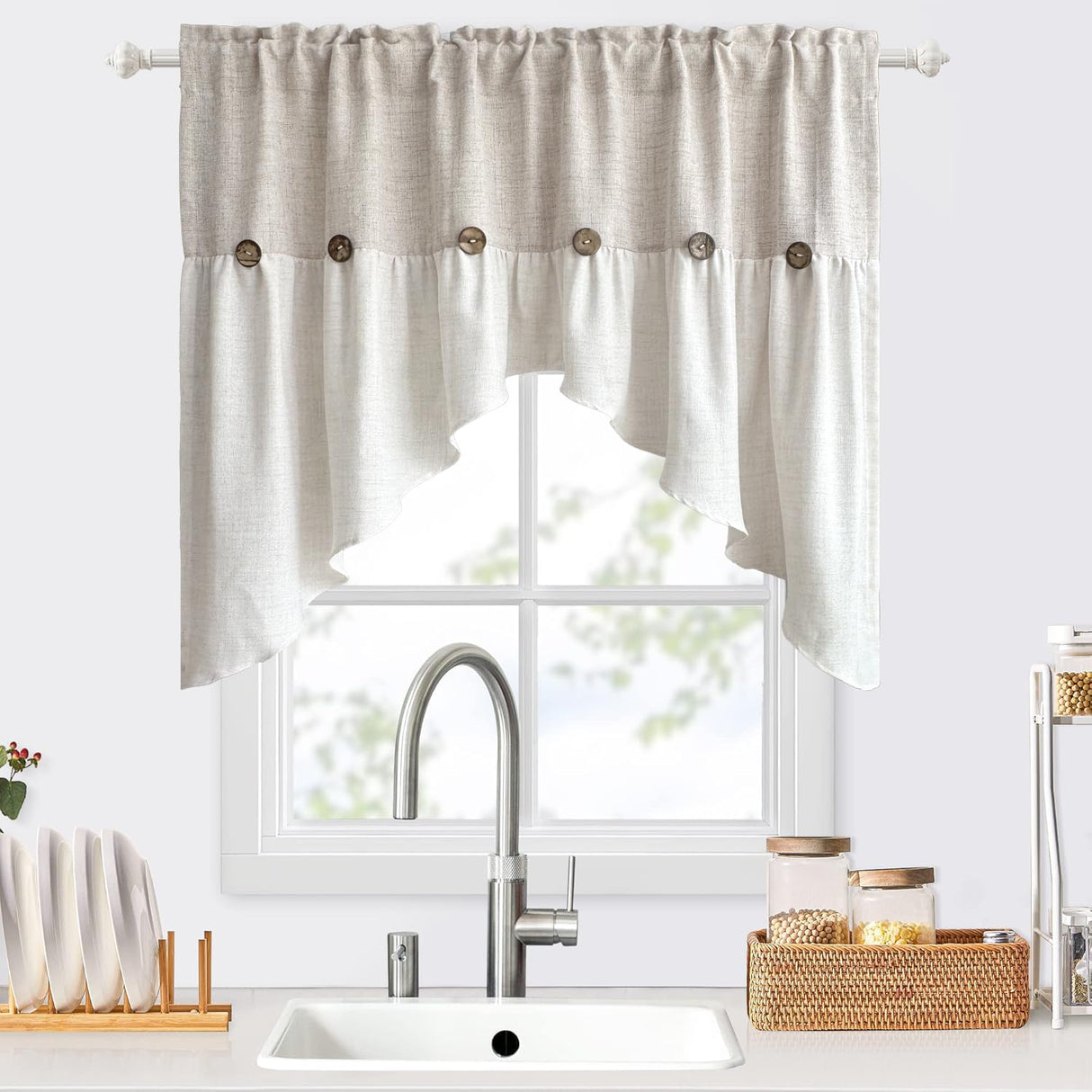 AiFMQQ Farmhouse Boho Linen Button Arched Valance Curtains for Kitchen Window Dining Room Cafe Valance for Small Windows Bathroom Macrame Valances Rod Pocket 1 Panel (Beige Arched, W52 L35 inch) AiFMQQ