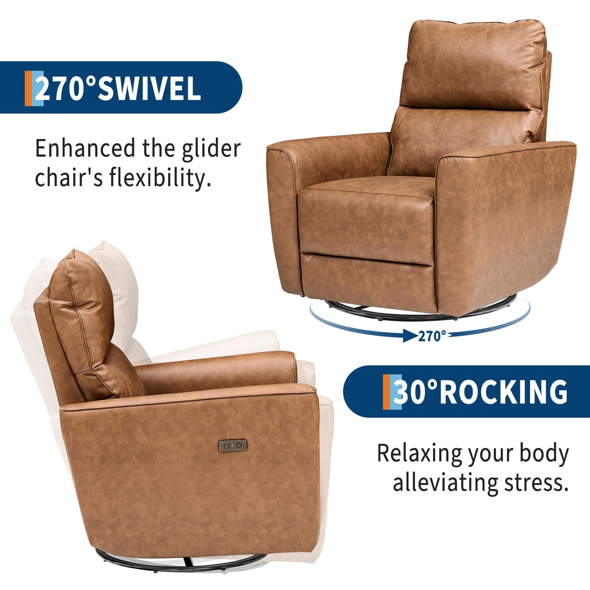 GAOMON Power Recliner Chair Swivel Glider Faux Leather Upholstered Nursery Rocker Reclining Sofa Chair with Charging Port, Curved Armrests & Padded Backrest for Living Room and Bedroom (Brown) GAOMON