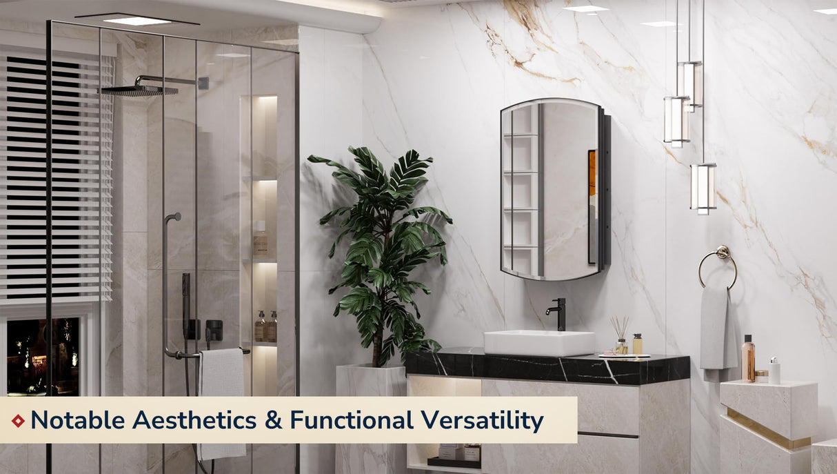 Keonjinn Black Medicine Cabinet 16 x 26 Inch, Surface Mount or Recessed Bathroom Cabinets with Mirrors, Metal Framed Wall Mirror with Storage, 2 Adjustable Shelves, Beveled Edge Mirror Keonjinn