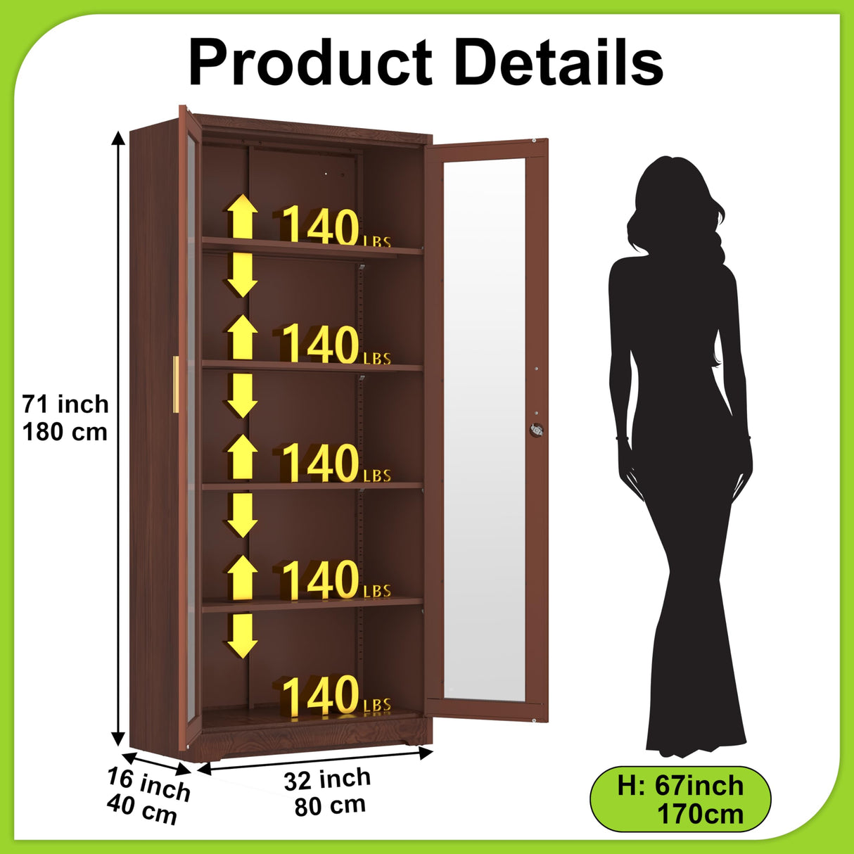 UNICOLY Storage Cabinet with Doors and Shelves, Display Cabinet with Glass Doors, Pantry Cabinet, Curio Cabinet with Locking Doors, Metal Storage Cabinet for Kitchen,Living Room 71” H Brown UNICOLY