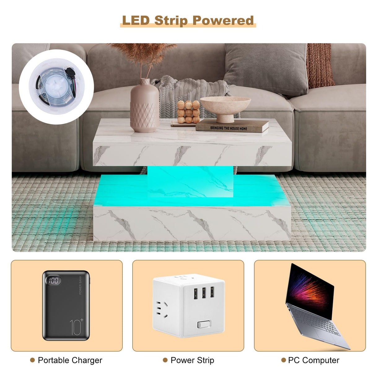 HedoAjim White Marble LED Coffee Table for Living Room, Living Room Table 2-Tier Square Middle Center Table, Modern Coffee Tables with Storage, Contemporary Wood Tea Tables for Dining Reception HedoAjim