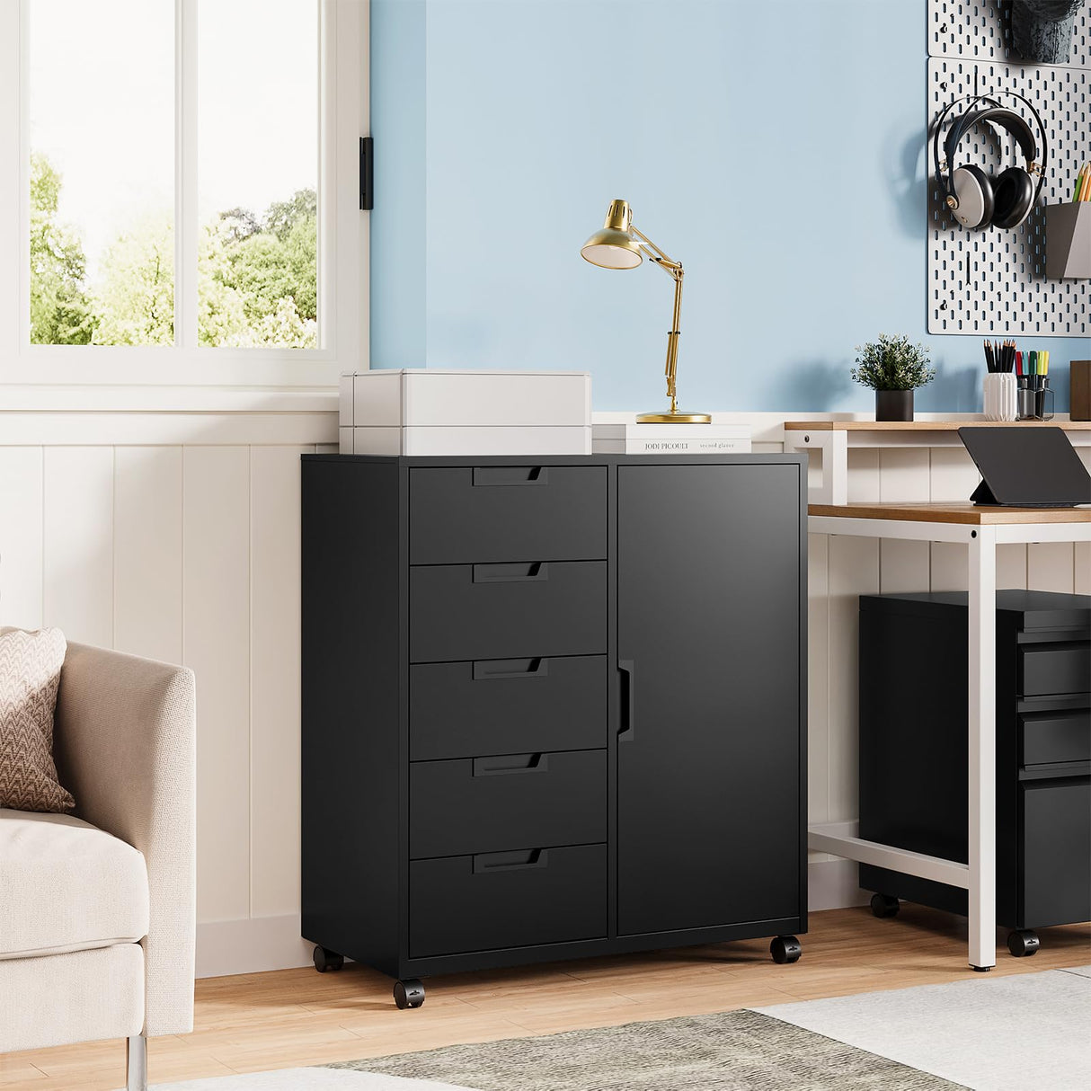 MIIIKO 5 Drawer Storage Cabinet with Door and Shelf, Mobile Lateral Cabinet on Wheels, Home Office Small Cabinet Organizer Printer Stand, Black File Cabinets MIIIKO