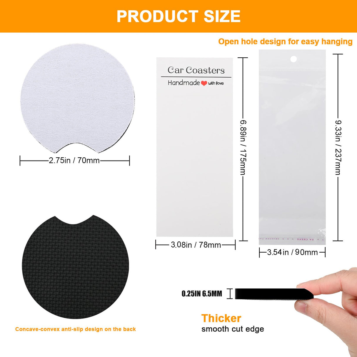 100Pcs Sublimation Car Coasters Blanks Set, 50 Pcs 2.75/0.25 in Neoprene Round Opening Sublimation Coasters, 25Pcs Self-Seal Bags & 25Pcs Car Coaster Display Cards for Sublimation DIY Drink Coaster CJMYHOME