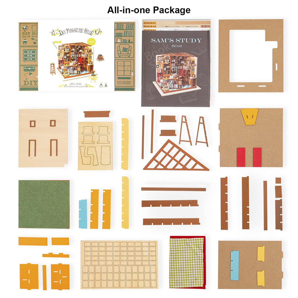 Rolife DIY Miniature Dollhouse Kit Bookstore Room Making Kit Mini Library Diorama Kit Wooden Model Building Set Hobby Christmas Birthday Gifts for Adults Women Family (Sam's Study) Rolife