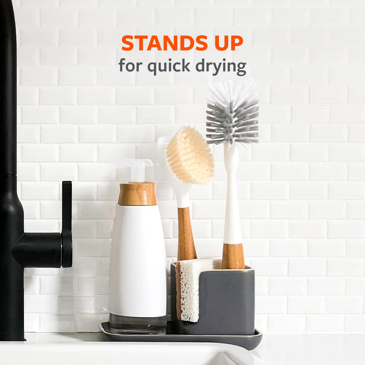 Full Circle Clean Reach Bottle Brush with Replaceable Bristle Brush Head, Bamboo Handle, White Full Circle