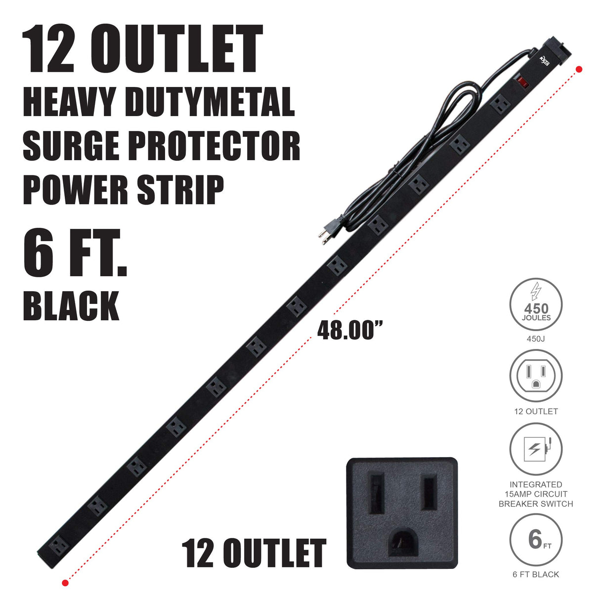 KMC 12 Outlet Heavy Duty Metal Surge Protector Power Strip with 6-Foot Long Extension Cord, 125V/15A, Black KMC