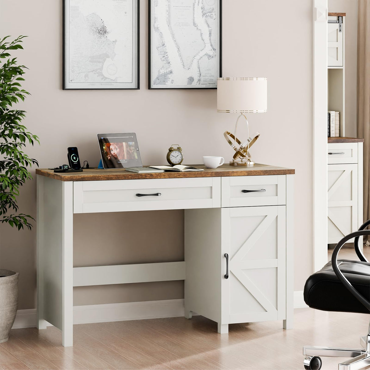 Emirde Farmhouse 47" Executive Desk, Computer Desks with Drawers and Storage Cabinet, Workstation Computer Desk for Home Office, Study.(White Emirde