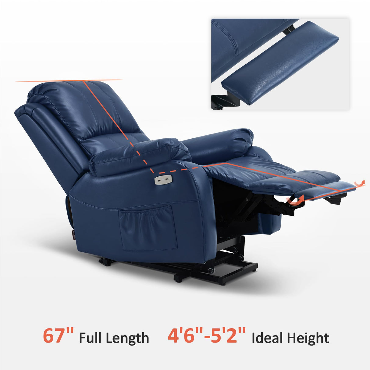 MCombo Small-Regular Power Lift Recliner Chair with Massage and Heat for Petite Elderly People, 3 Positions, 2 Side Pockets, USB Ports, Faux Leather 7408 (Navy Blue, Small-Regular) MCombo