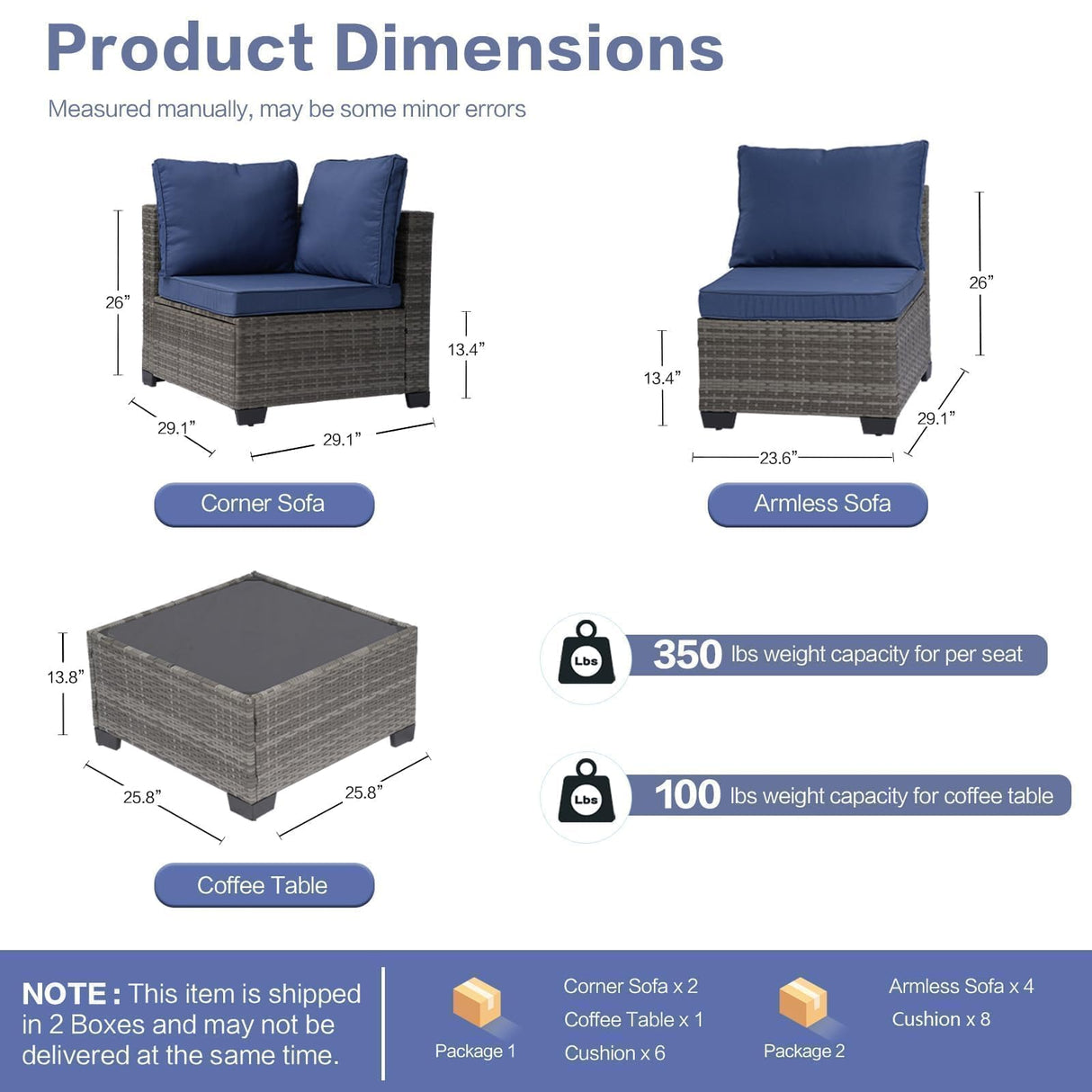 XTWEEX 7-Piece Outdoor Sectional Sofa Set, Wicker Patio Furniture with Navy Blue Cushions for Your Villa, Balcony, Porch, Backyard, Gray Rattan XTWEEX