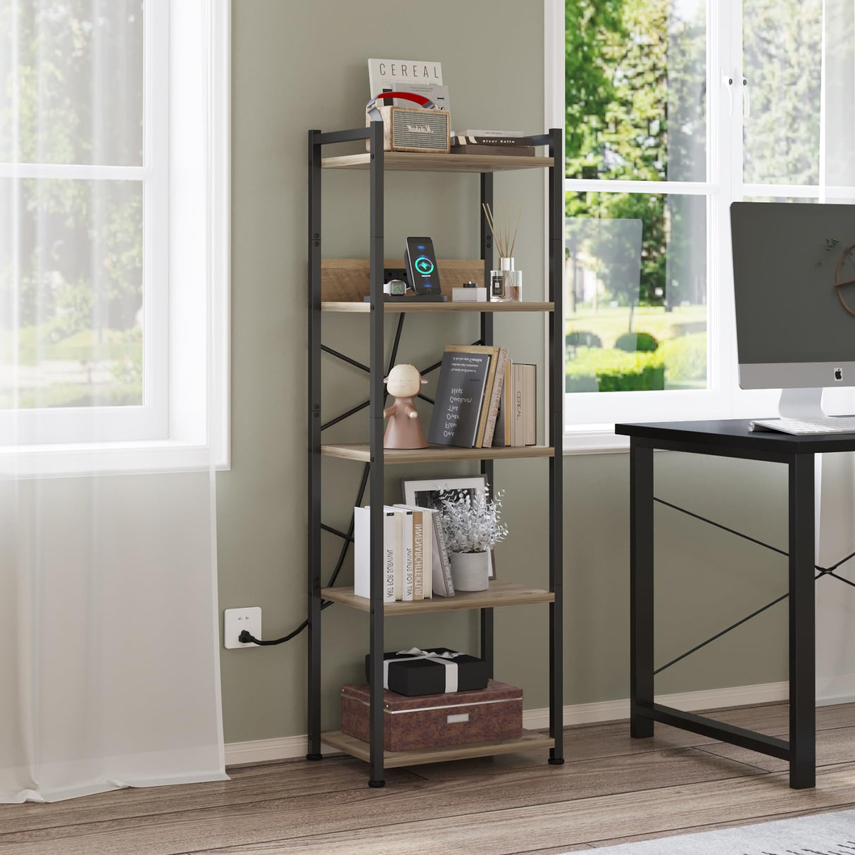 ZIWEI STAR 5 Tier Bookcase with Charging Station, Small Bookshelf Industrial Bookcase Storage Shelf, Boocase Organizer for CD/Movie/Book Displaying, Bookshelves for Bedroom Office Living Room ZIWEI STAR