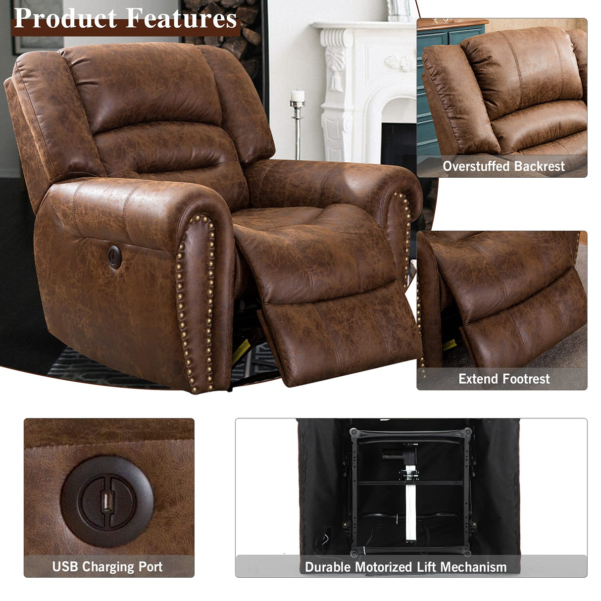 ANJ Electric Recliner Chair W/Breathable Bonded Leather, Classic Single Sofa Home Theater Recliner Seating W/USB Port (Nut Brown) ANJ
