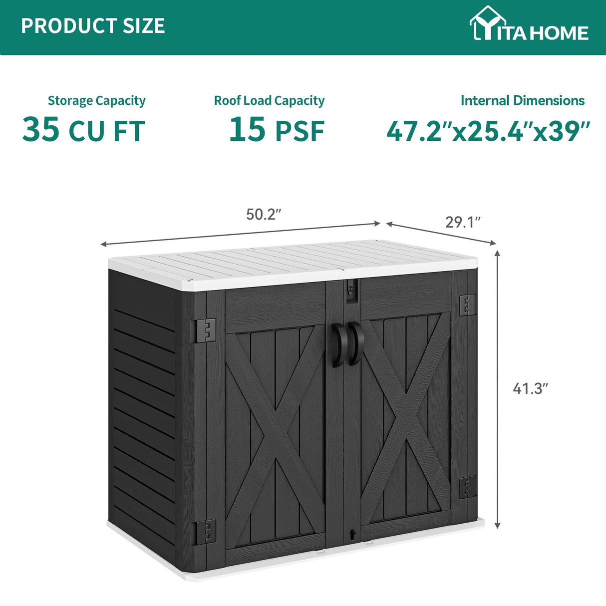 YITAHOME Outdoor Horizontal Storage Shed with X-Shaped Lockable Door, 35 Cu Ft Weather Resistant Resin Tool Shed w/o Shelf, Ideal for Bike, Trash Cans, Garden Tools, Lawn Mowers, Dark Gray YITAHOME