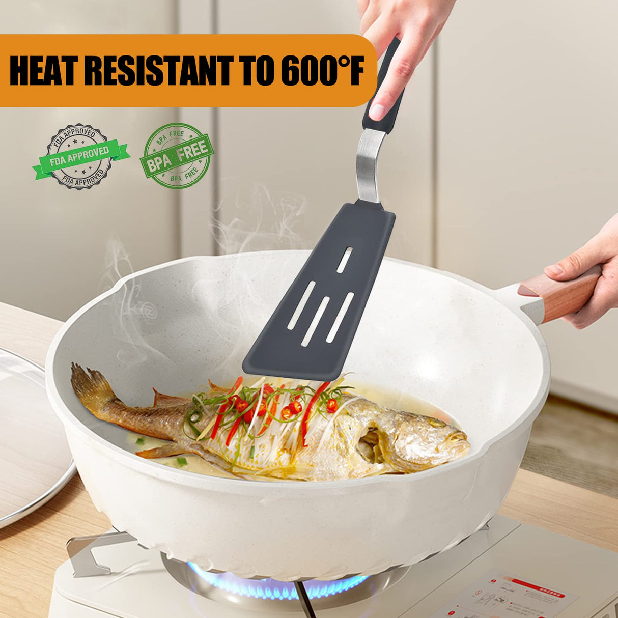 Silicone Spatula Turner Set of 3, Beijiyi 600°F Heat Resistant Cooking Spatulas for Nonstick Cookware, Large Flexible Kitchen Utensils BPA Free Rubber Spatula Set for Egg, Pancake, Fish, Burger Beijiyi