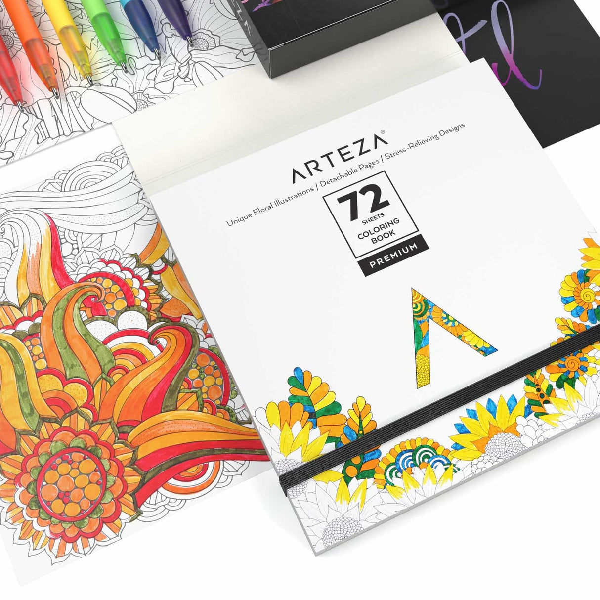 ARTEZA Adult Coloring Book, Floral Designs, 72 Sheets, 6.4x6.4 Inches Coloring Pages, 100 lb Paper, Gray Outlines ARTEZA