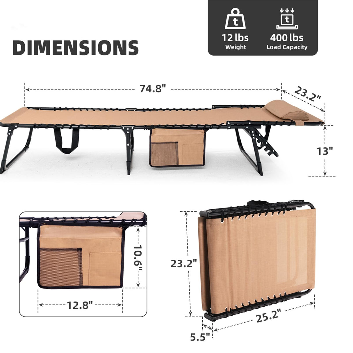 Foristrail Folding Chaise Lounge Chair Bed - Heavy-Duty 400lb Capacity Portable Adjustable Recliner w/Pillow for Patio, Pool, Camping, Sunbathing - Lay Flat Design (Beige) Foristrail
