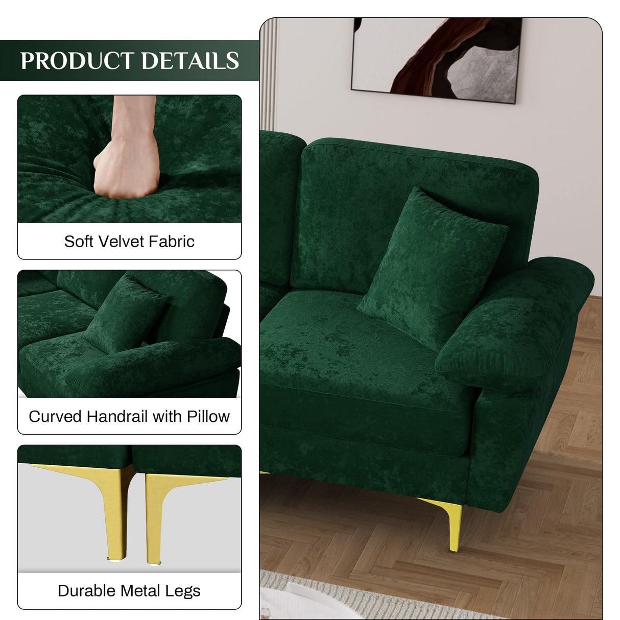 OUYESSIR L Shaped Sectional Sofa Couch, 3 Seat Velvet Sofa with Ottoman and Pillows, Upholstered Comfy Couch Sleeper for Living Room, Bedroom, 91 inches (Green) OUYESSIR