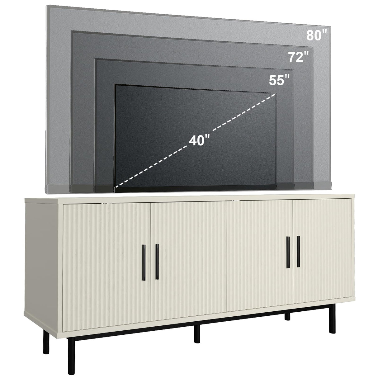 MUUEGM Modern TV Stand for Televisions up to 80 Inch, Entertainment Center with Storage, Cabinet with Fluted Door and Adjustable Shelf, Console Table and Media Furniture for Living Room, White MUUEGM