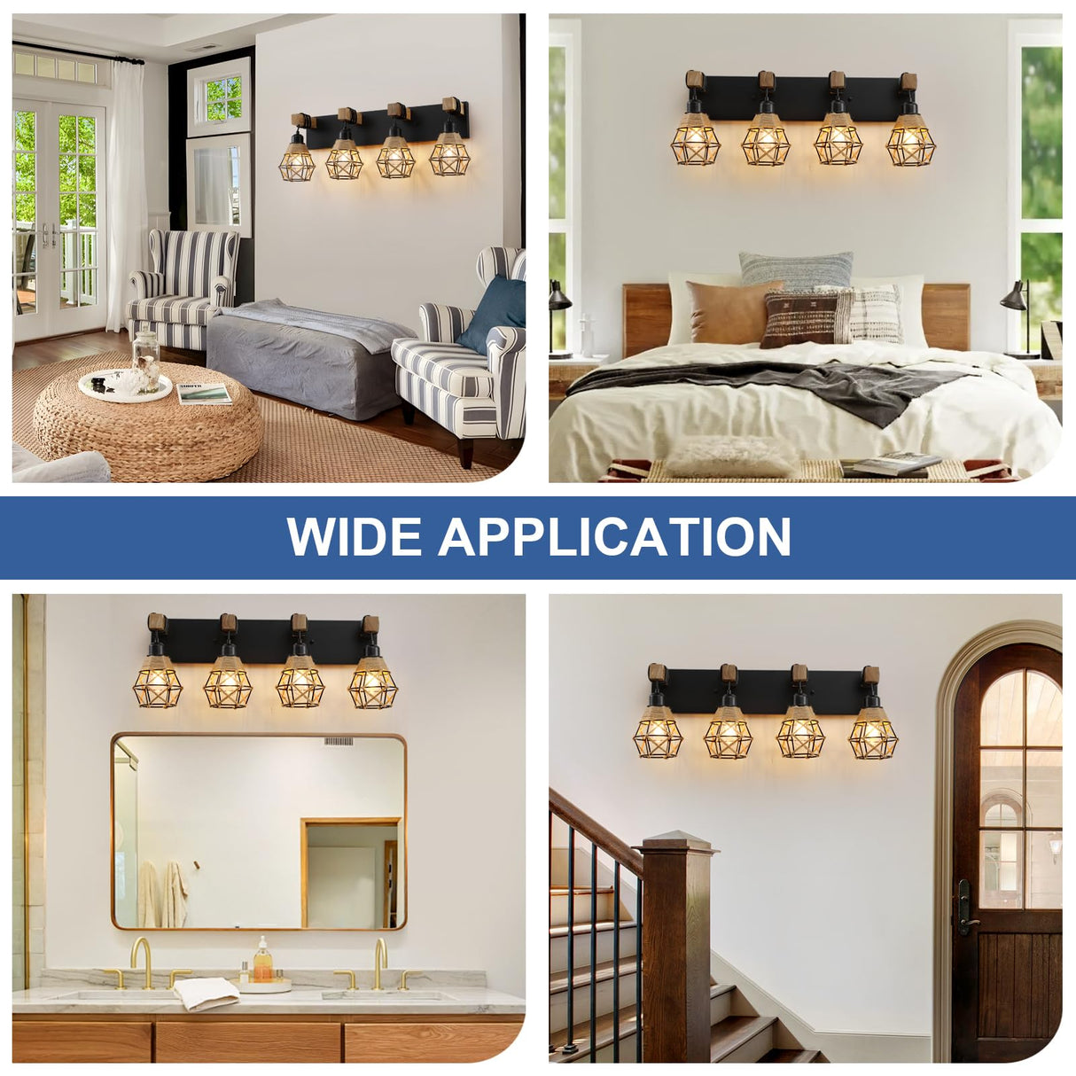 Rustic Style Wood Bathroom Wall Sconce,4 Light Bathroom Vanity Light Fixtures, with Boho Wicker Twine Lampshade,Suitable for Bedroom, Hallway, and Living Room,Rattan Black Farmhouse Wall Sconce LmnLvn