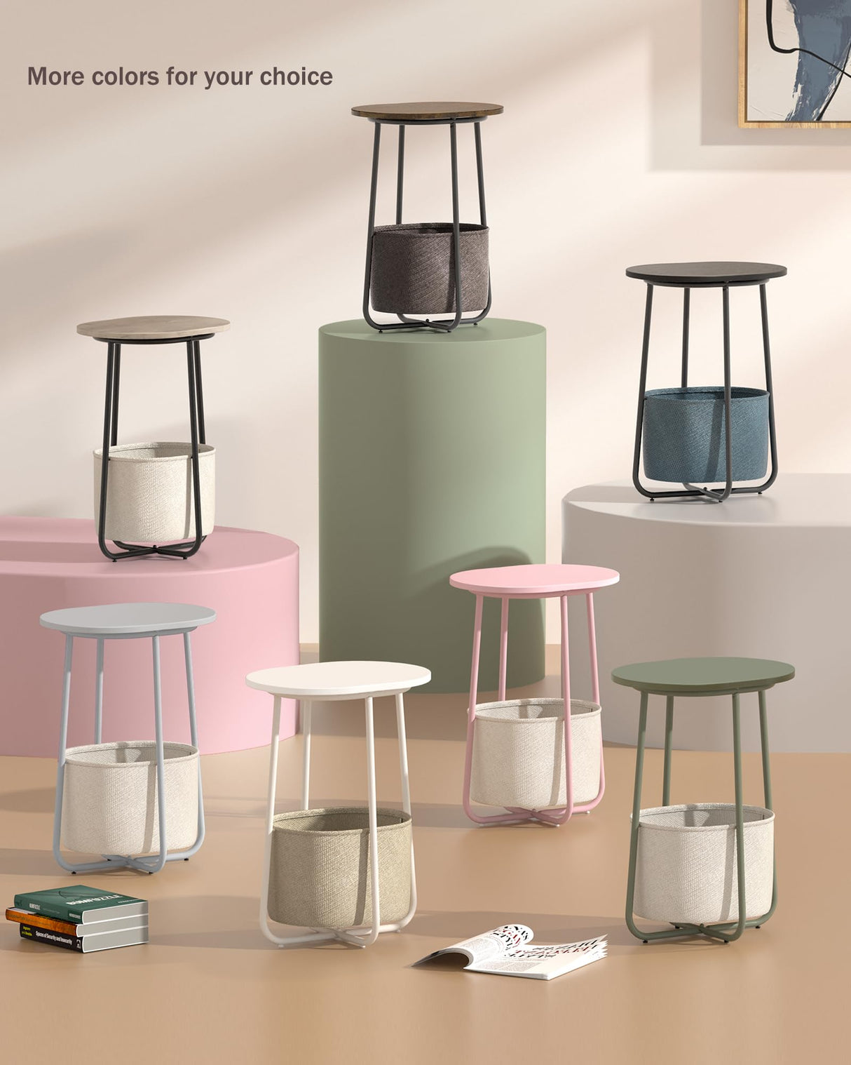 TUTOTAK Small Side Table, Oval End Table, Night Stand, Bedside Table, Set of 2, Sofa Table with Cloth Storage Basket, Living Room, Bed Room, Pink TB01BP0632 TUTOTAK