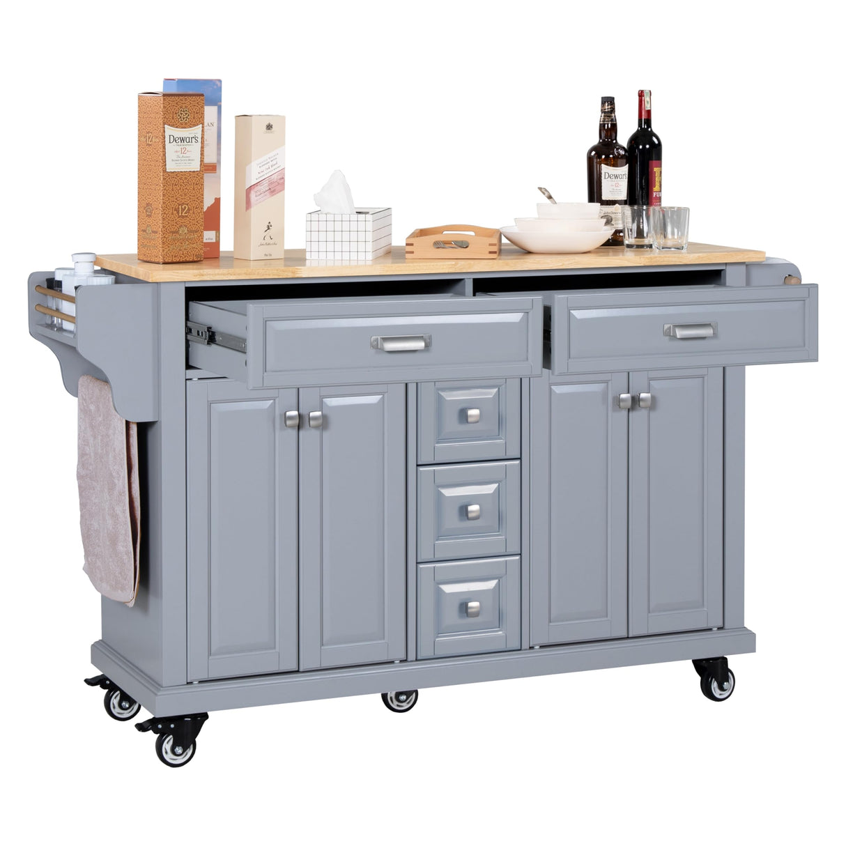 Generic 60.5"" Kitchen Island on Wheels, Rolling Island Table for Kitchen with Double Storage Cabinet and 5 Drawers, Portable Kitchen Cart with Rubber Wood Top, Grey, Large Generic