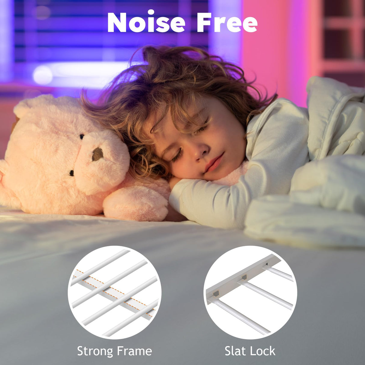 Zevemomo Twin Over Full Bunk Bed, Metal Low Profile Bunkbeds with Full-Length Guardrail and Ladder, Space Saving, No Boxing Spring Needed, White Zevemomo