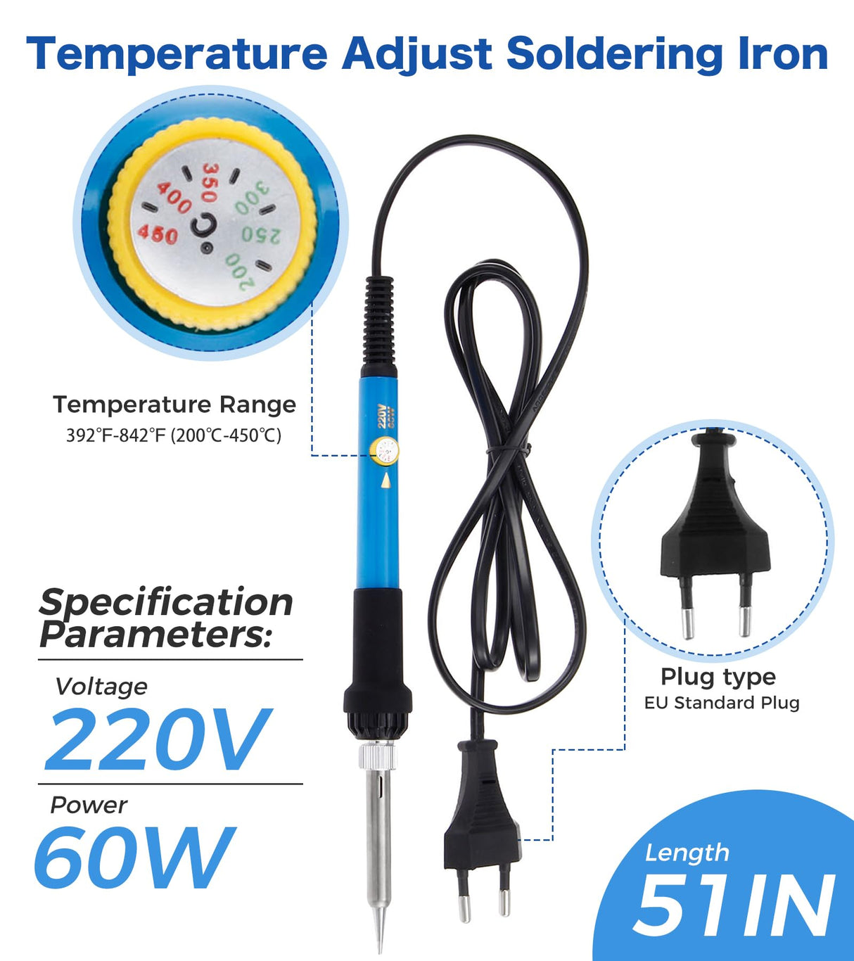 Hicello Soldering Iron Kit, 60W 220V Adjustable Temperature Welding Tool, including 5PCS Replacement Tips, Temperature Adjust Soldering Iron, Desoldering Pump, Tin Wire Tube, Soldering Iron Stand Hicello