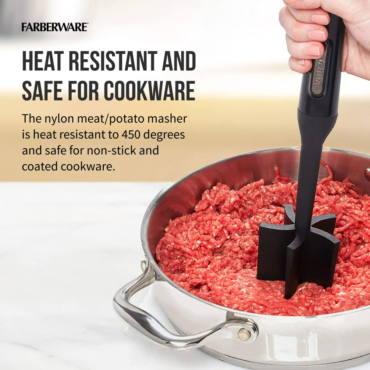 Farberware 5211438 Professional Heat Resistant Nylon Meat and Potato Masher, Safe for Non-Stick Cookware, 10-Inch, Black Farberware