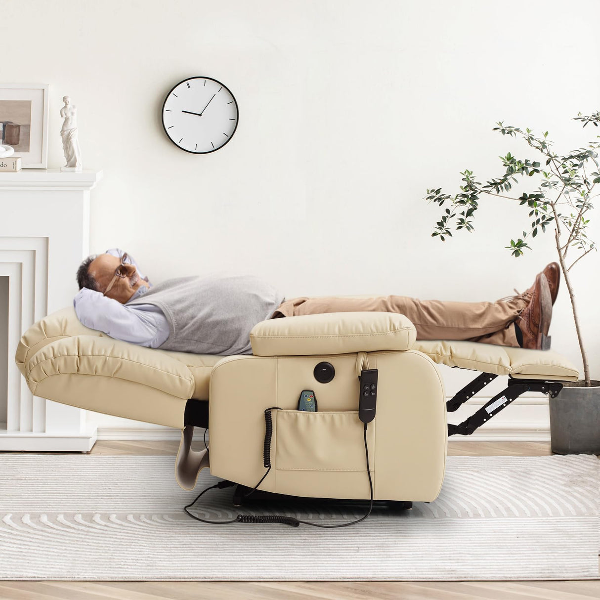 MEROUS Dual Motor Large Power Lift Recliner Chair for Elderly with Heat and Massage,Lay Flat Lift Chairs Recliners for Seniors Infinite Position,USB Ports&Remote, Genuine Leather (Beige) MEROUS