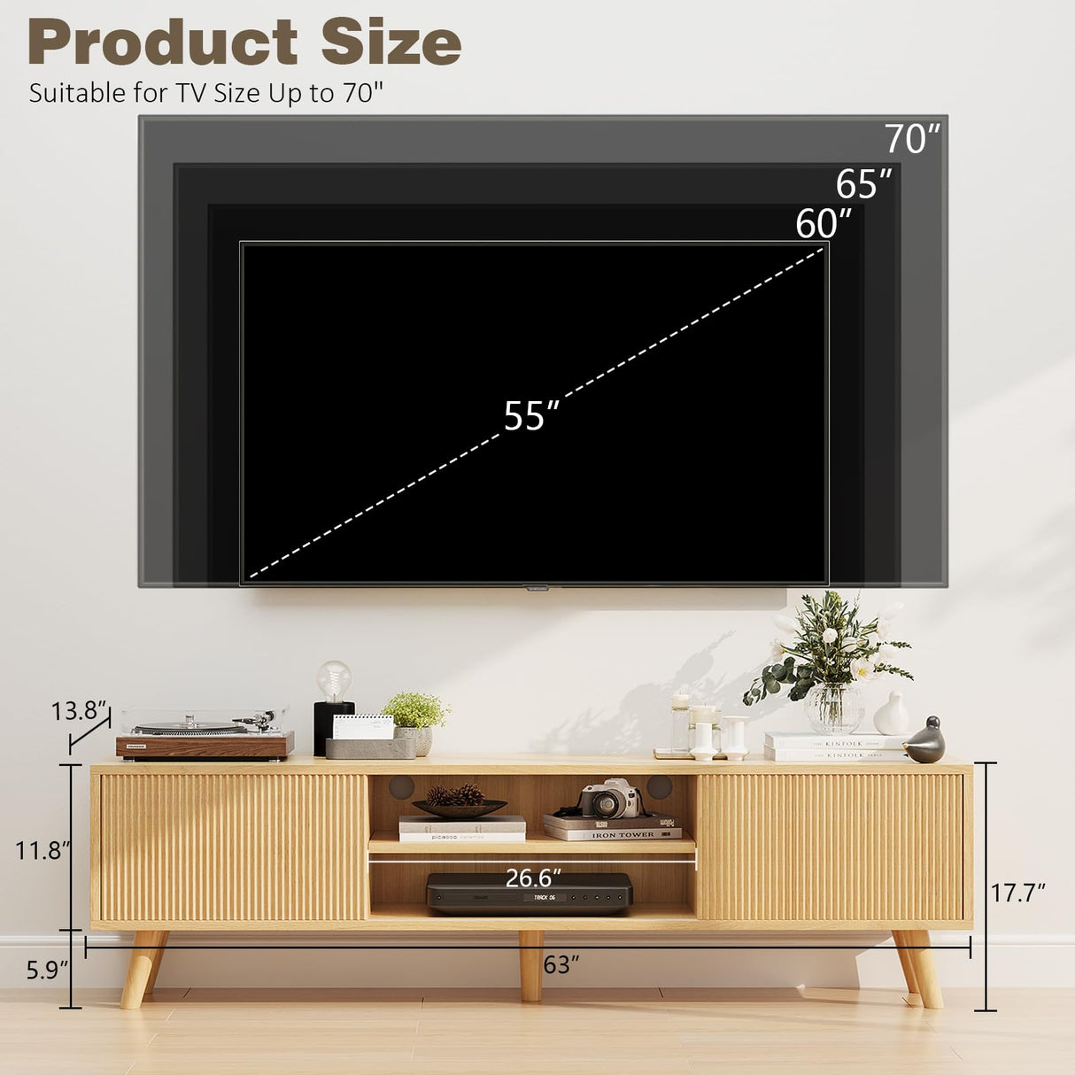 Buenhomino TV Stand for TVs Up to 75 Inches, Boho Entertainment Center Wood TV Stand with Fluted Sliding Doors & Shelves, TV Console Table Media Cabinet with Storage for Living Room Bedroom, Natural Buenhomino