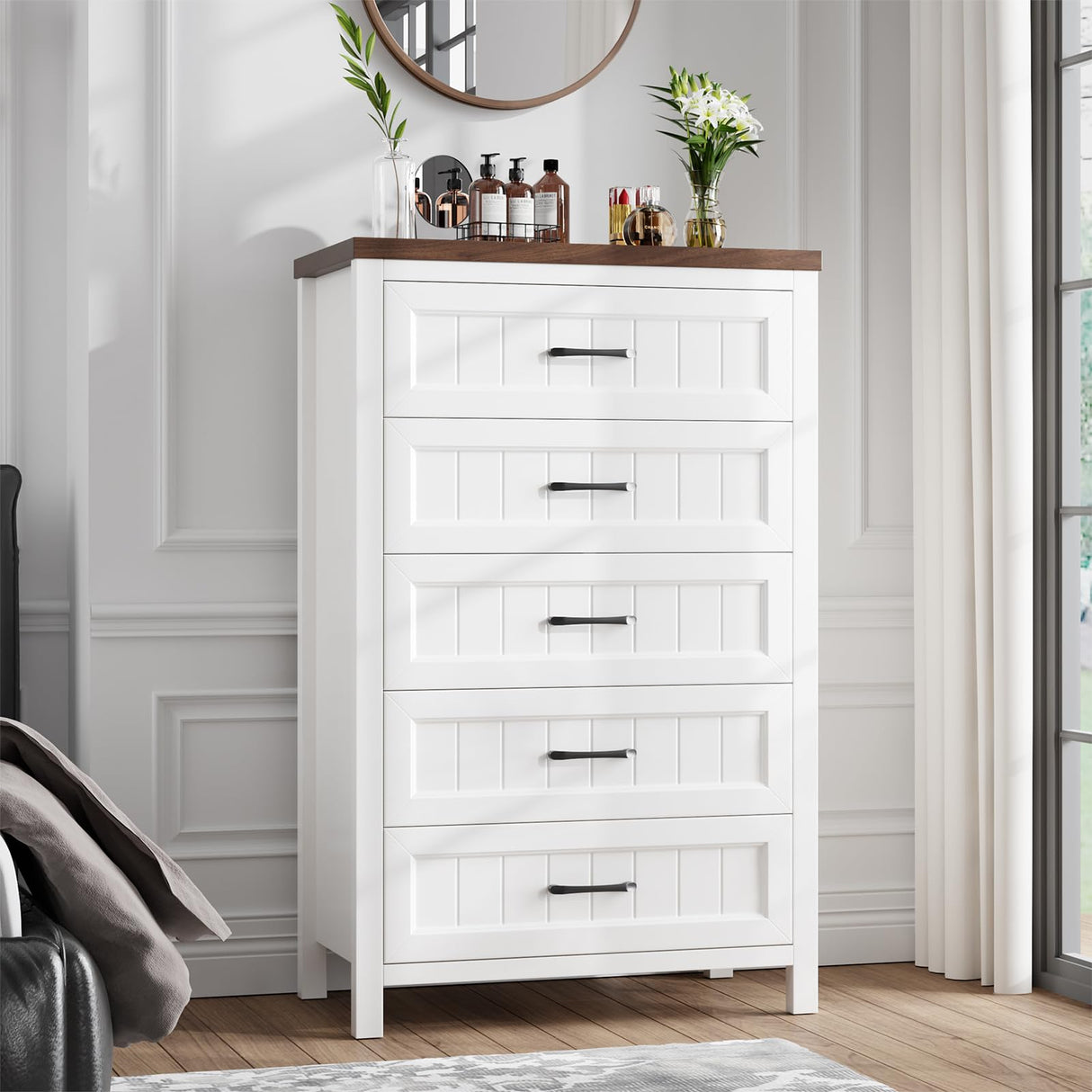 Jocoevol 5 Drawer Dresser for Bedroom - Farmhouse 44.9" Tall Chest of Dresser with Large Storage, Rubst Wood Construction for Living Room, Hallway & Entryway - White (White & Brown) Jocoevol