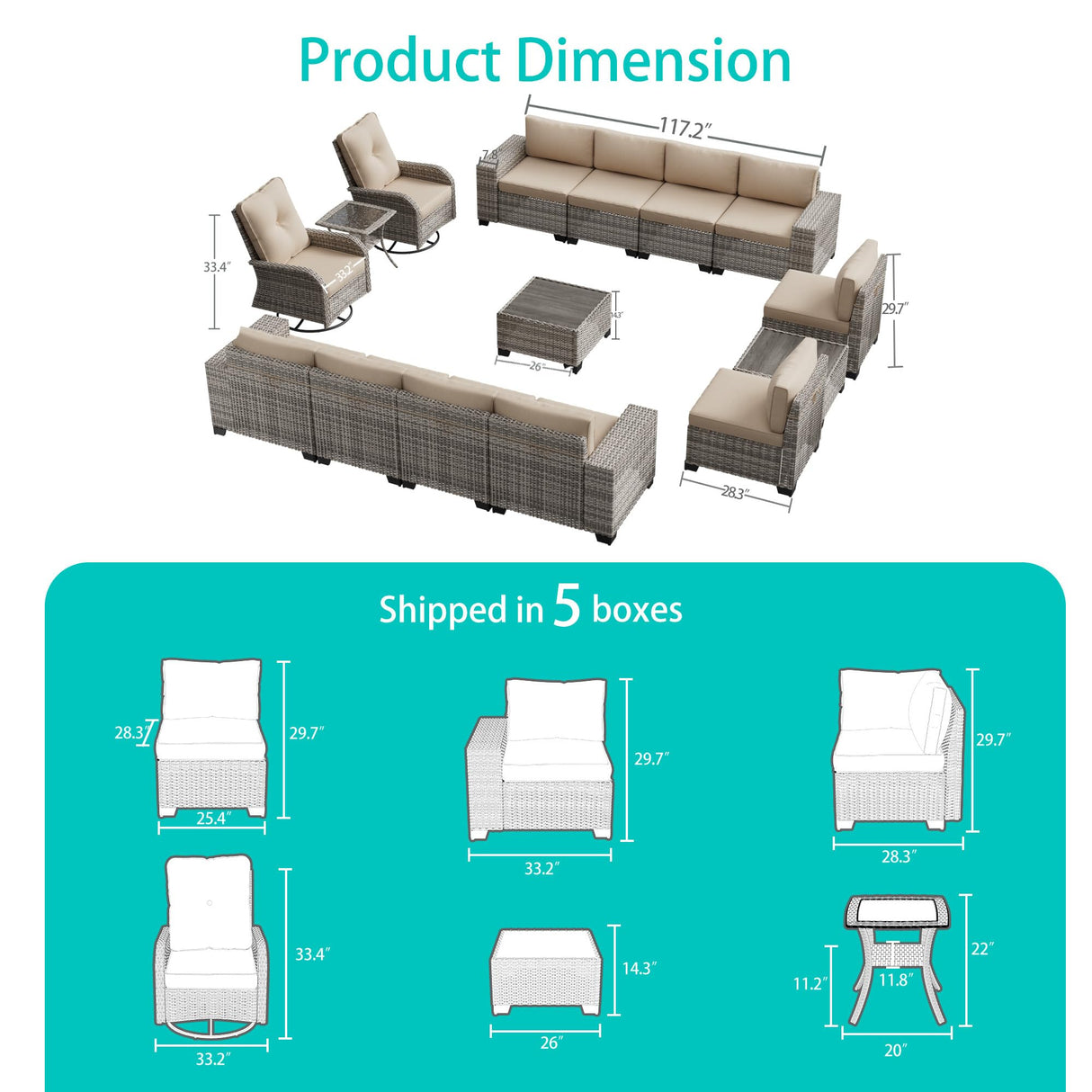 Muphyers 13-Piece Outdoor Patio Furniture Set with 55,000 BTU Fire Pit Table, PE Wicker Rattan Sectional Sofa Patio Conversation Set with Thickened Cushions & Coffee Table, Beige Muphyers