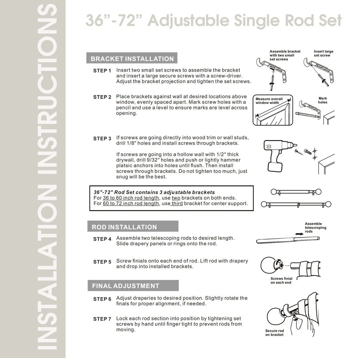 SKYPLUS LIVING Rustic Boho Style Single Curtain Rod Set with Carved Square Finial, 36-72 inch, Standard Single Beige Drapery Rod for 1 Pack, 1 inch diameter, Adjustable Length SKYPLUS LIVING