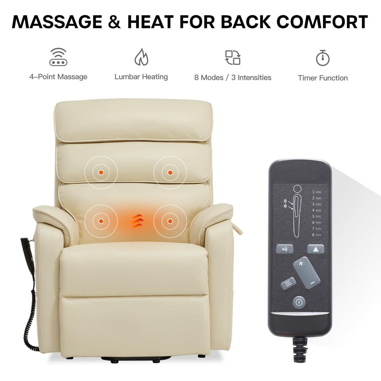 DYNOX 350 LBS Power Lift Recliner Chair for Elderly, Medium Size Dual Motor Lay Flat Infinite Positions Recliner with Heat & Massage(9188,Faux Leather,Cream) DYNOX