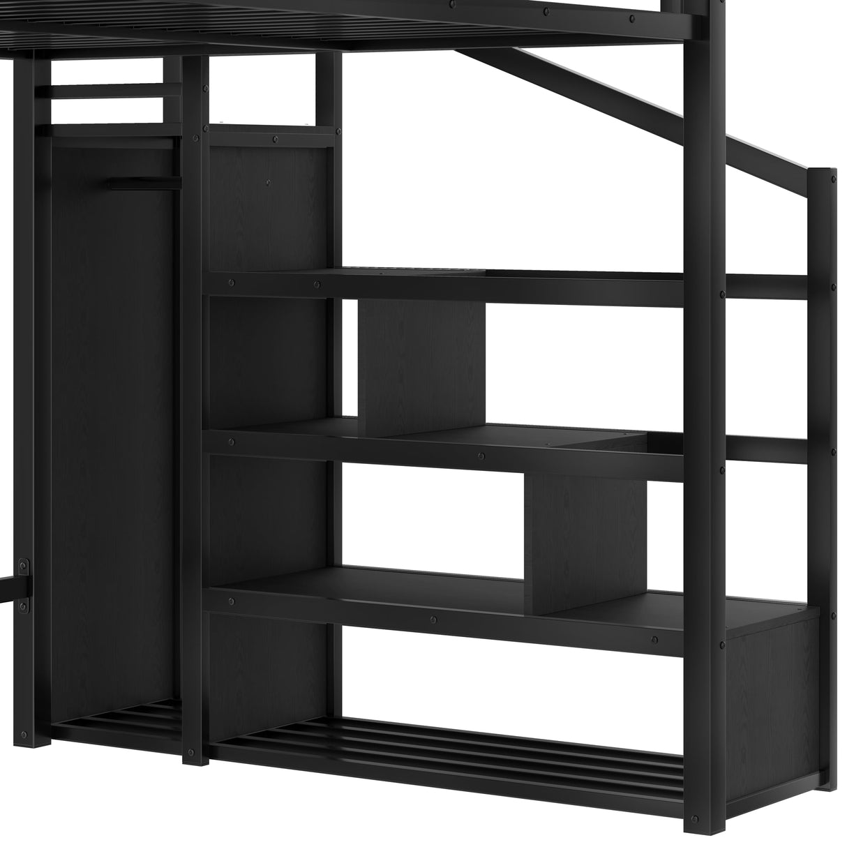 Queen Loft Beds with Storage Beside Shelves and Wardrobe, Metal Loft Bed Queen with LED Lights and USB Ports, Heavy-Duty Loft Bed Frame for Teens, Adults, Noise-Free & Space-Saving, Metal Black Bellemave