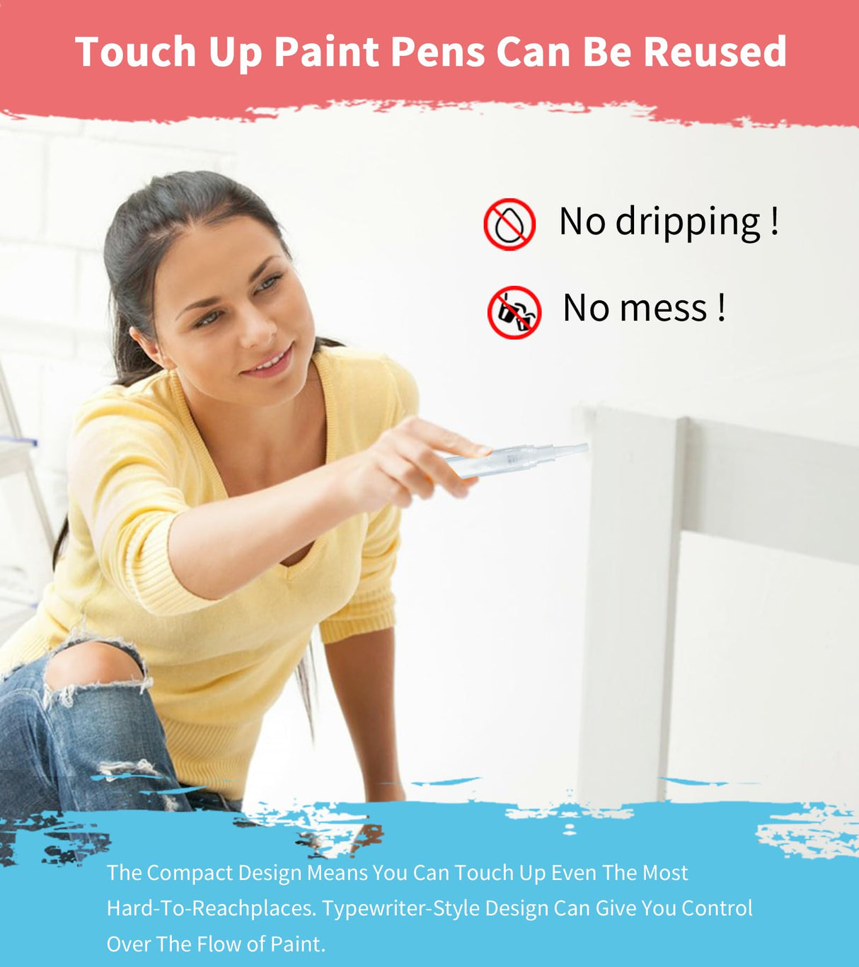 Fillable Touch Up Paint Pen Brush, 3 Pcs Paint Pen for Wall Touch Up, Refillable Paint Pens for Walls, Wood Floors, Cabinets, Windows, Doors (6 Pcs(Pack of 1)) YULOFMVE