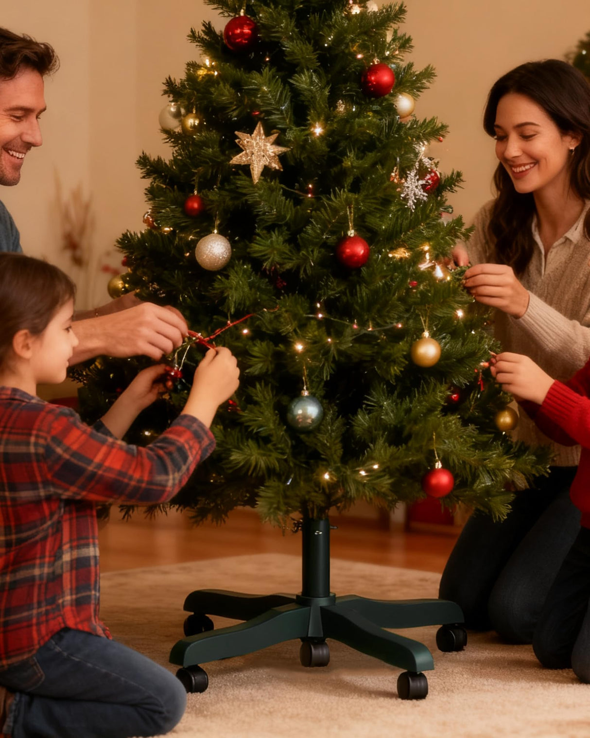 GuuG Christmas Tree Stand Base: Rolling Christmas Tree Stand for Artificial Fake Tree Xmas Tree Stand with Wheels Holder Replacement up to 6ft, Fits 1.4 Inchs Tree Pole, 23" Tree Foot Diameter (Green) 224511W GuuG