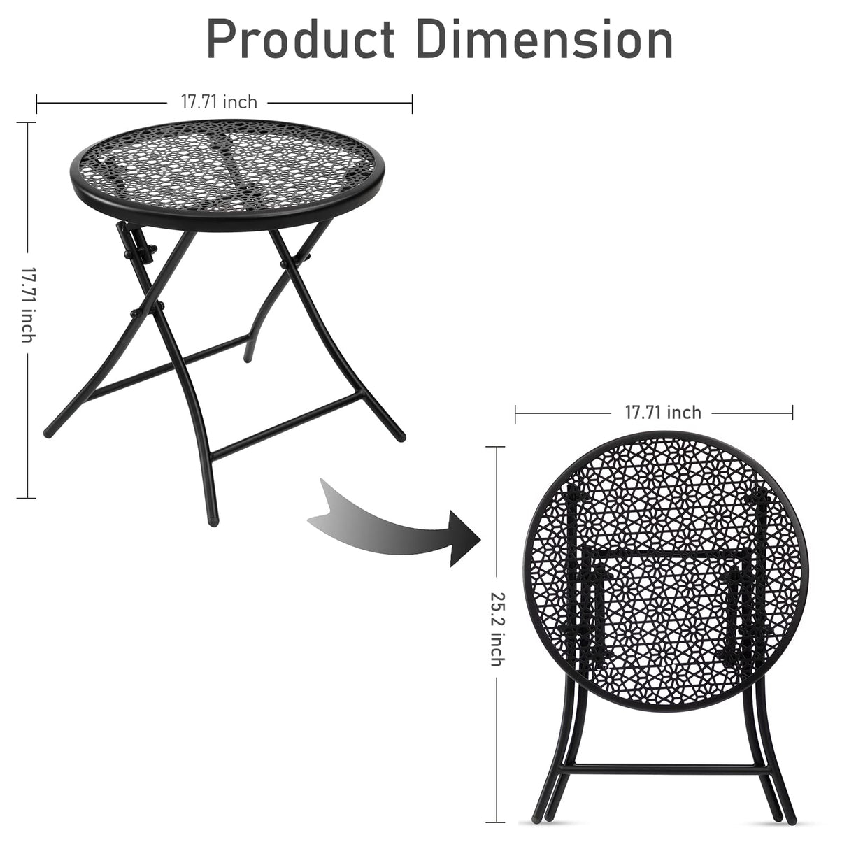 TeoKJ Folding Outdoor Side Tables, Anti Rust Small Patio Table Round Metal Nightstand with Flower Cutouts for Porch Yard Balcony Deck Lawn, Black TeoKJ
